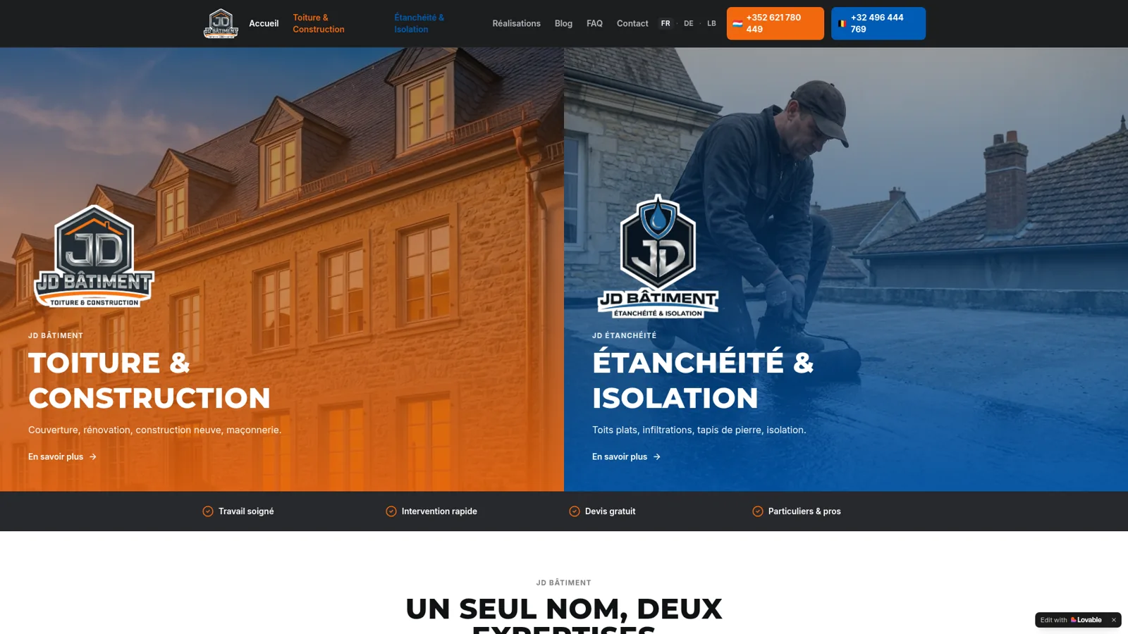 Page d'accueil du site JD Bâtiment présentant les activités toiture et étanchéité