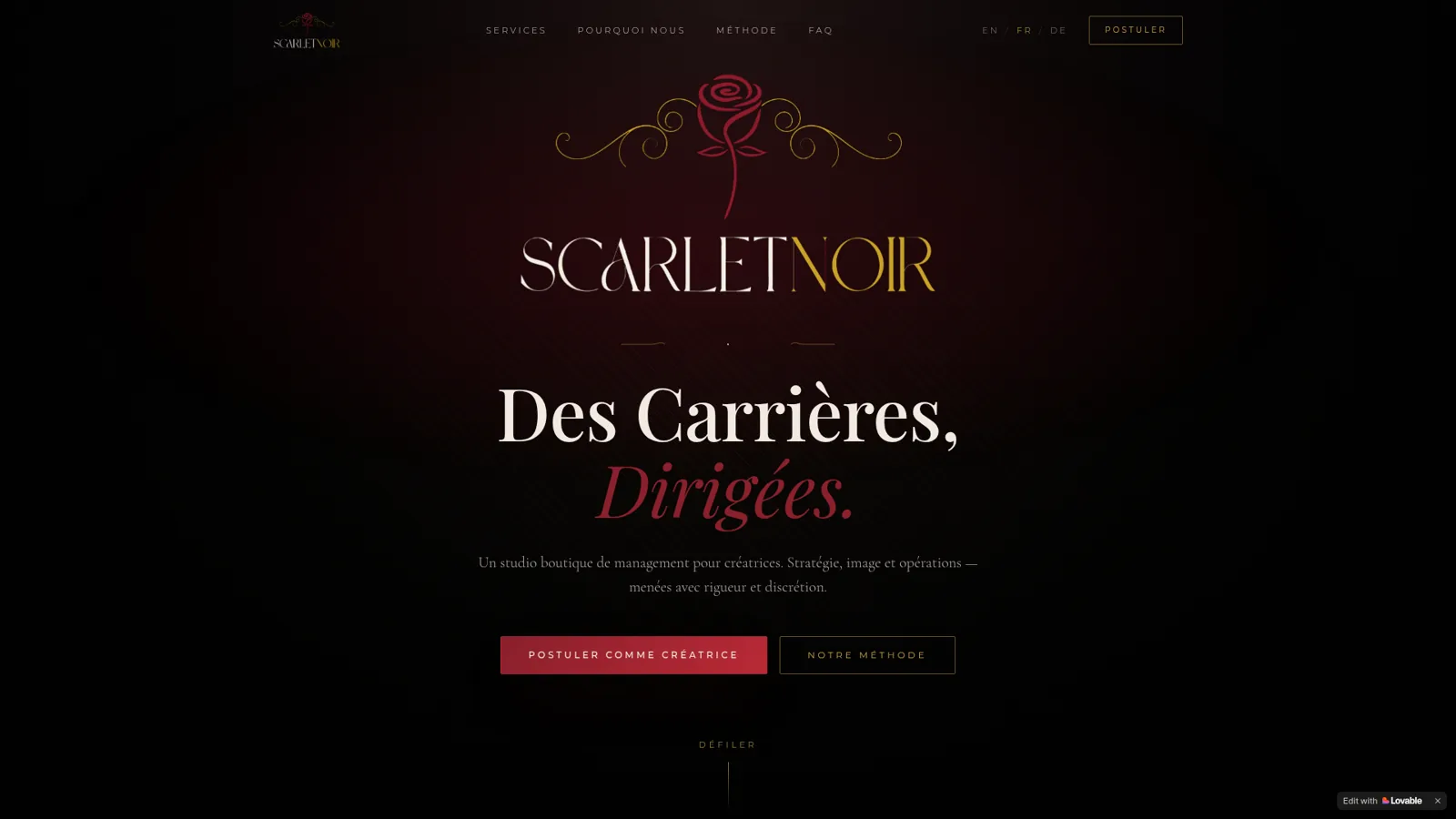 Landing page sombre et élégante de Scarletnoir Studio